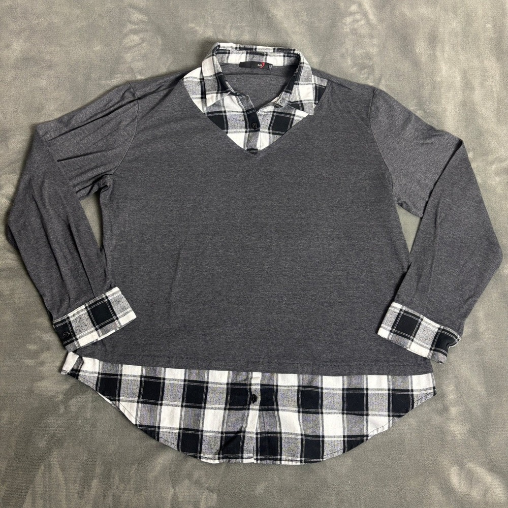 DJT Womens 2XL Grey Plaid Layered Look Top V-Neck Long Sleeve Faux Shirt Hem